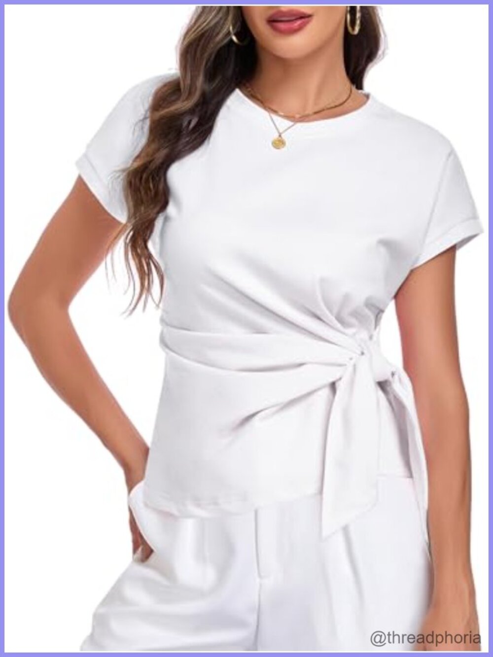 HOTIAN Womens Cap Sleeve Tie Waist Wrap Top Tunic Crew Neck Loose Blouse